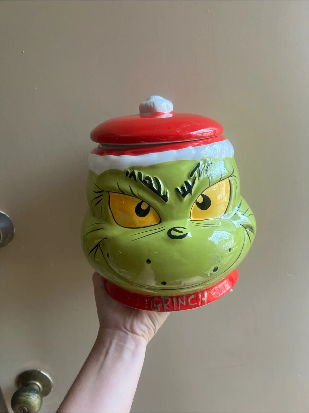 Grinch Ceramic Cookie Jar - Red & Green Holiday Treat Storage